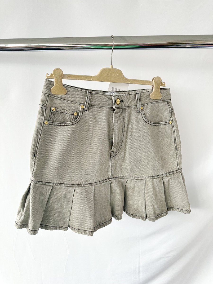 Ganni Grey Preppy Pleated Hem Logo Patch Mini Skirt - Imagen 6