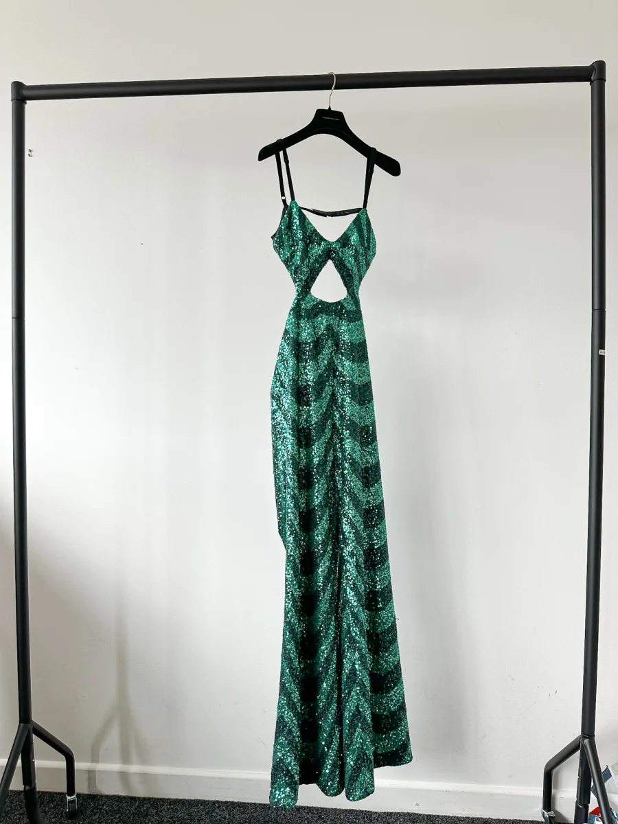 Halpern Sequin Emerald Green Cut-Out Bra Backless Party Mod 70s Jumpsuit - Imagen 8