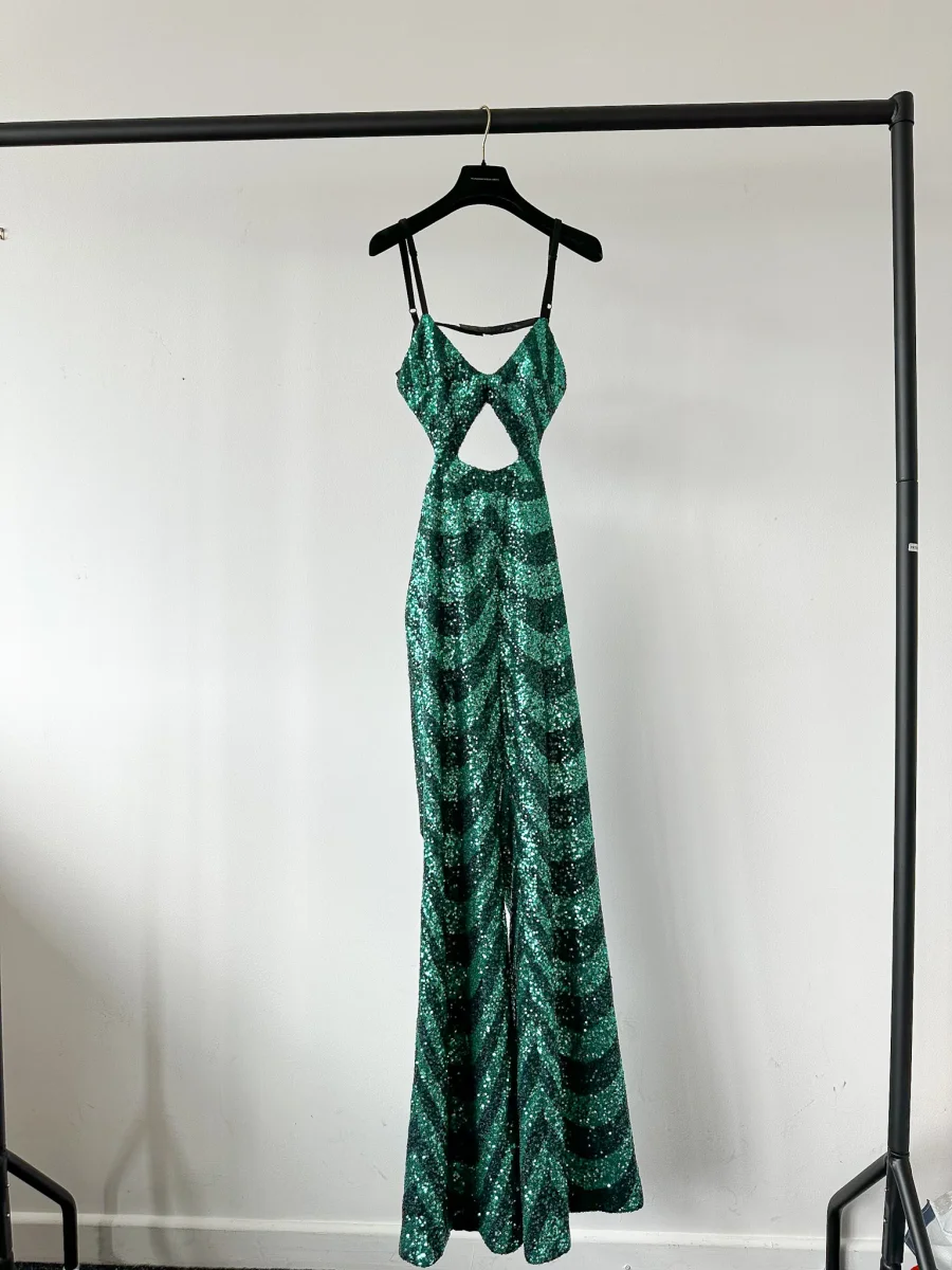 Halpern Sequin Emerald Green Cut-Out Bra Backless Party Mod 70s Jumpsuit - Imagen 9