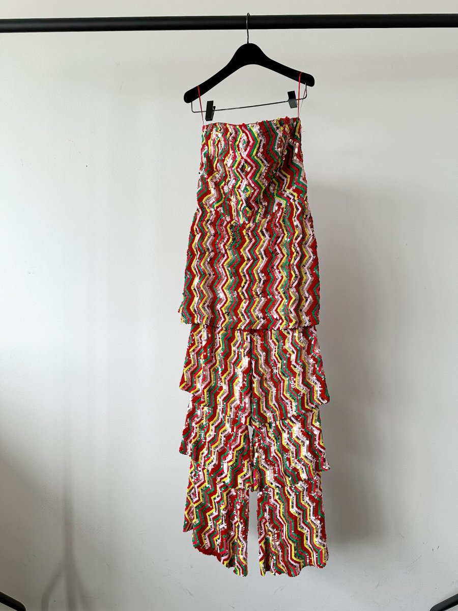 Osman London Rainbow Red Yellow Pink Sequinned Strapless Tiered Flounce Leg Tamina Jumpsuit - Imagen 7