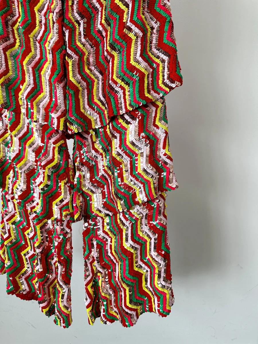 Osman London Rainbow Red Yellow Pink Sequinned Strapless Tiered Flounce Leg Tamina Jumpsuit - Imagen 8