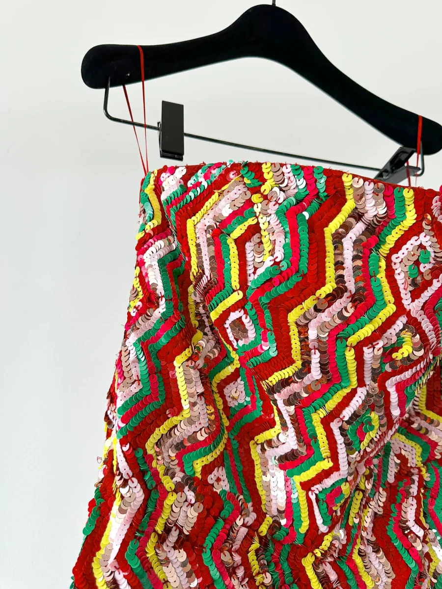 Osman London Rainbow Red Yellow Pink Sequinned Strapless Tiered Flounce Leg Tamina Jumpsuit - Imagen 6
