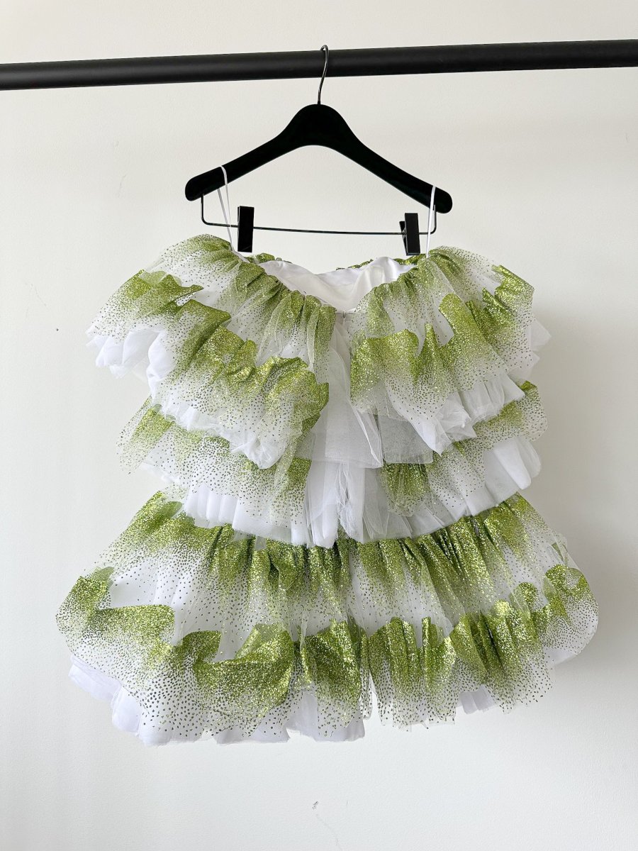 Halpern Shimmery Green Tiered Tulle Poofy Ruffle Strapless Mini Dress - Imagen 9