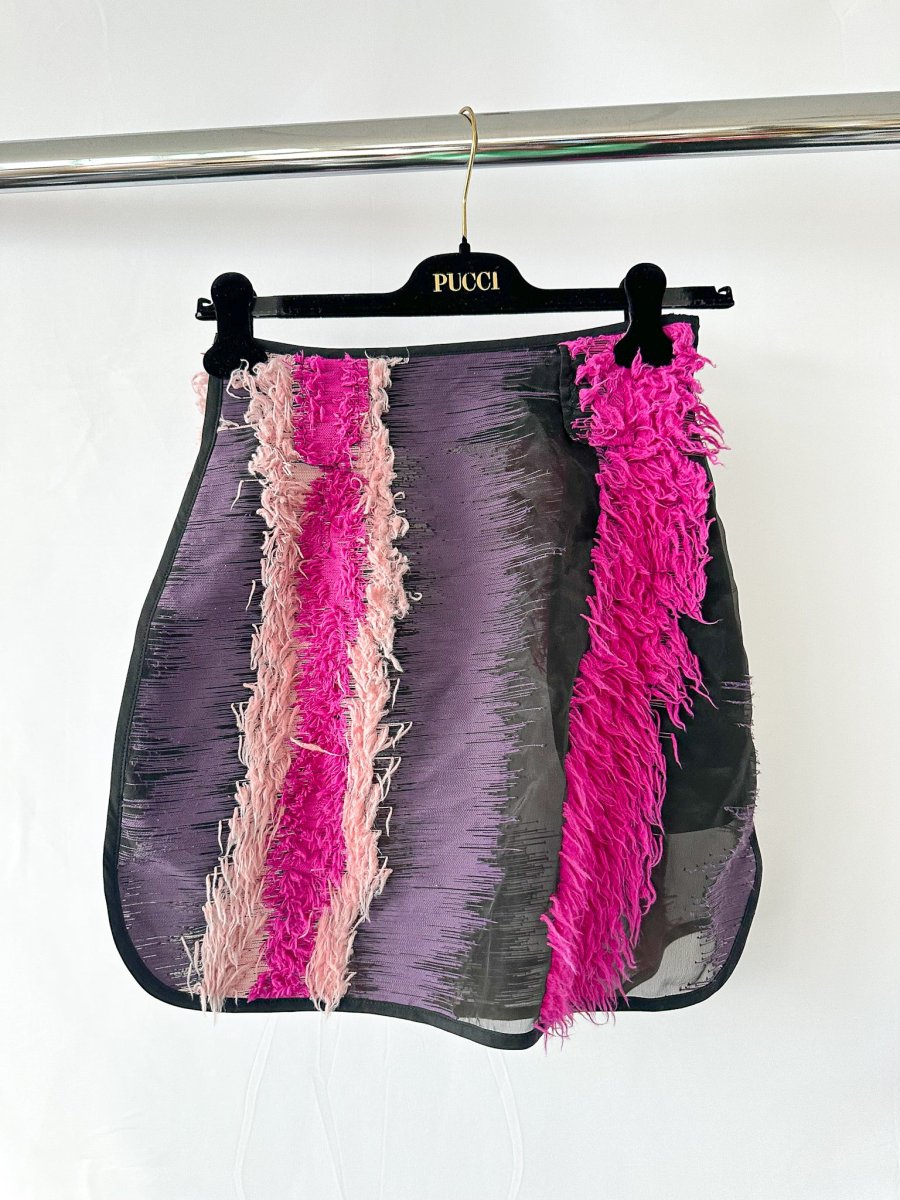 Emilio Pucci Black Pink Striped Fringed Pink Mini Skirt - Imagen 2
