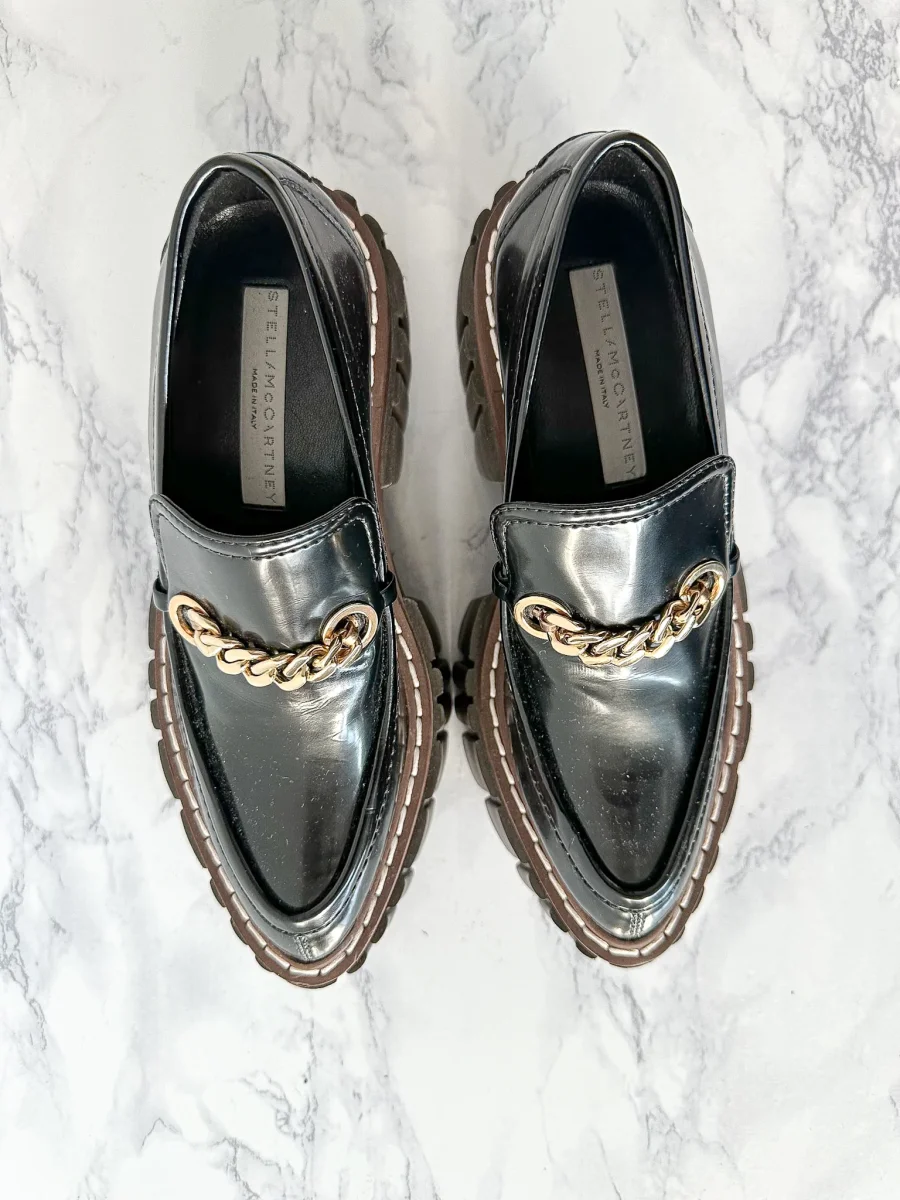 STELLA MCCARTNEY Black Emilie Chain-Strap Faux-Leather Platform Loafers (EU 35) - Imagen 3