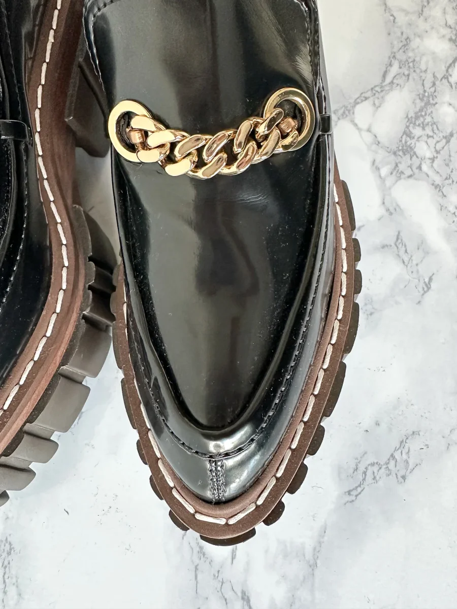 STELLA MCCARTNEY Black Emilie Chain-Strap Faux-Leather Platform Loafers (EU 35) - Imagen 7