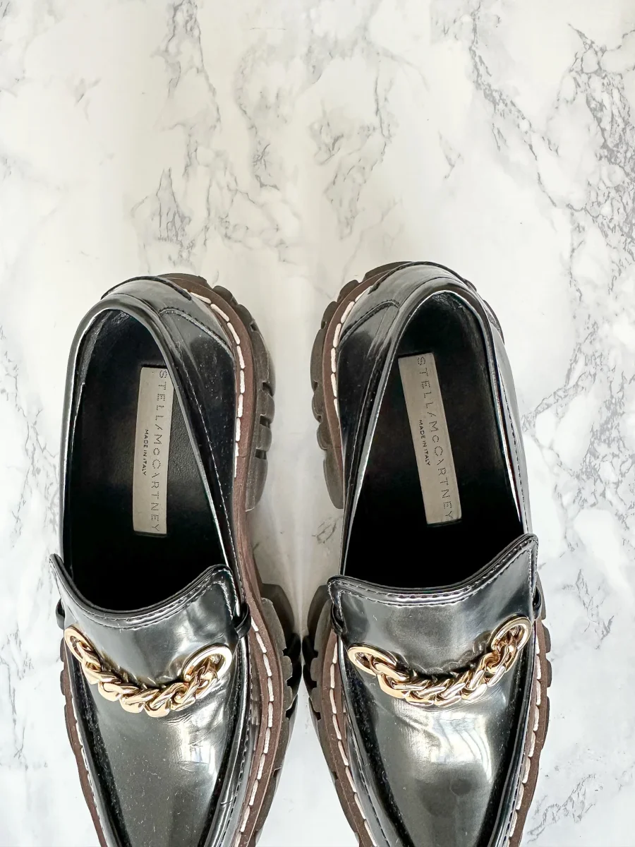 STELLA MCCARTNEY Black Emilie Chain-Strap Faux-Leather Platform Loafers (EU 35) - Imagen 8