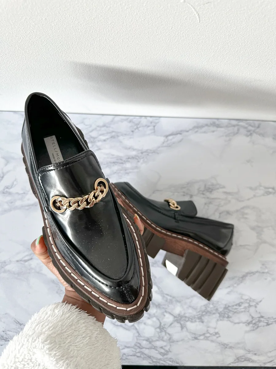 STELLA MCCARTNEY Black Emilie Chain-Strap Faux-Leather Platform Loafers (EU 35) - Imagen 6
