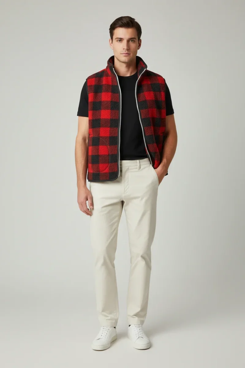 Drake's Buffalo Check Wool Blend Bouclé Vest Gilet In Red Black