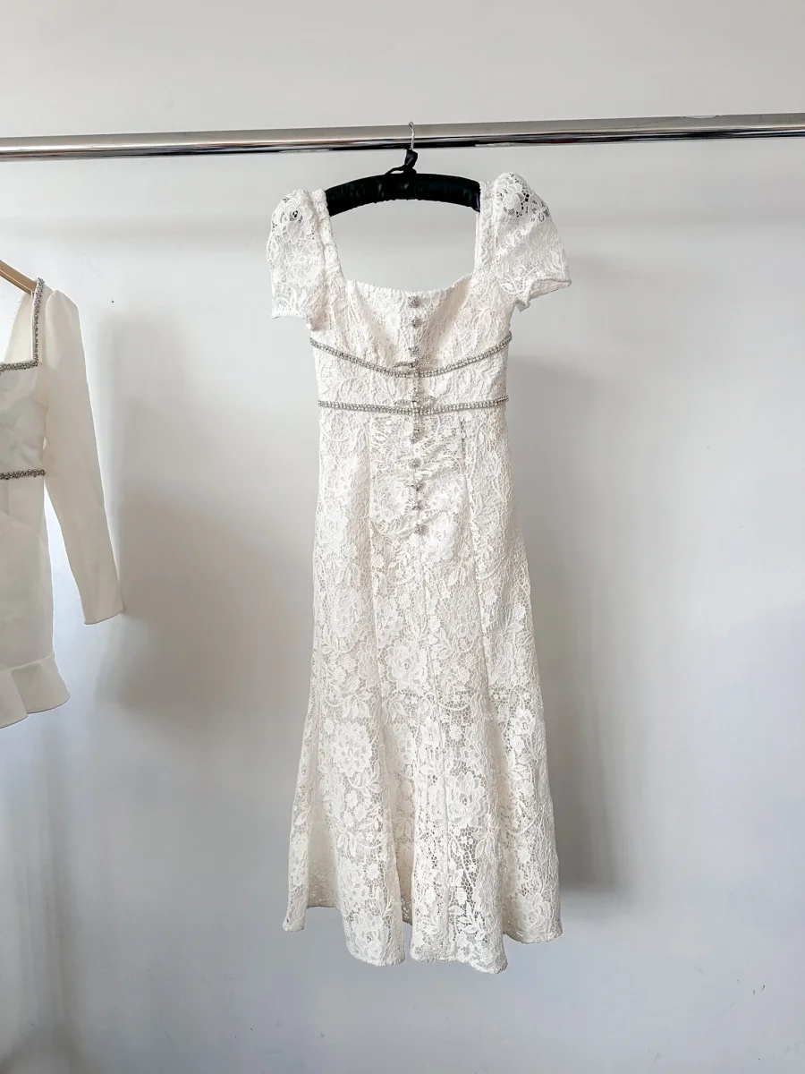 Self-Portrait Cream Lace Diamante Bow Midi Dress - Imagen 3