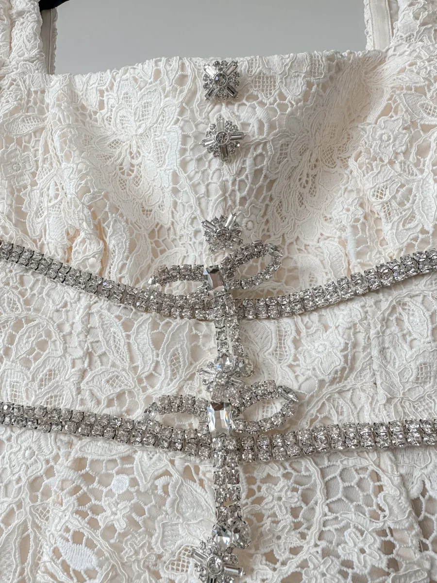 Self-Portrait Cream Lace Diamante Bow Midi Dress - Imagen 4