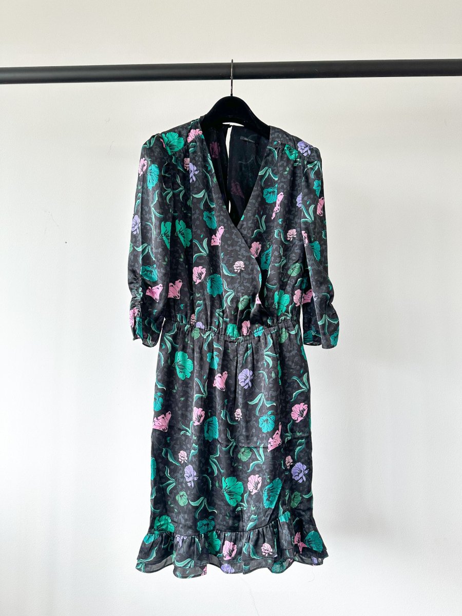IKKS Floral Print Ruffle Detail Wrap Style Satin Dress - Imagen 2