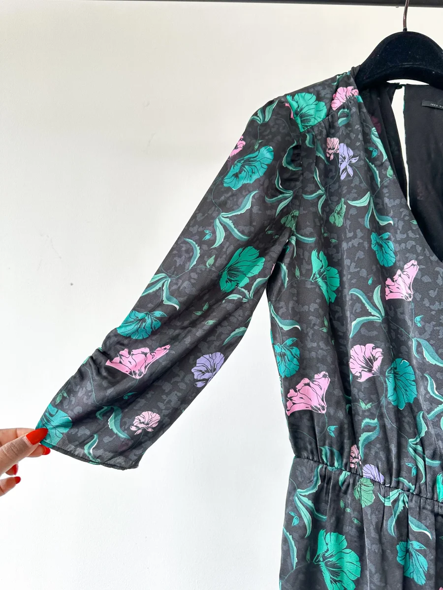 IKKS Floral Print Ruffle Detail Wrap Style Satin Dress - Imagen 5