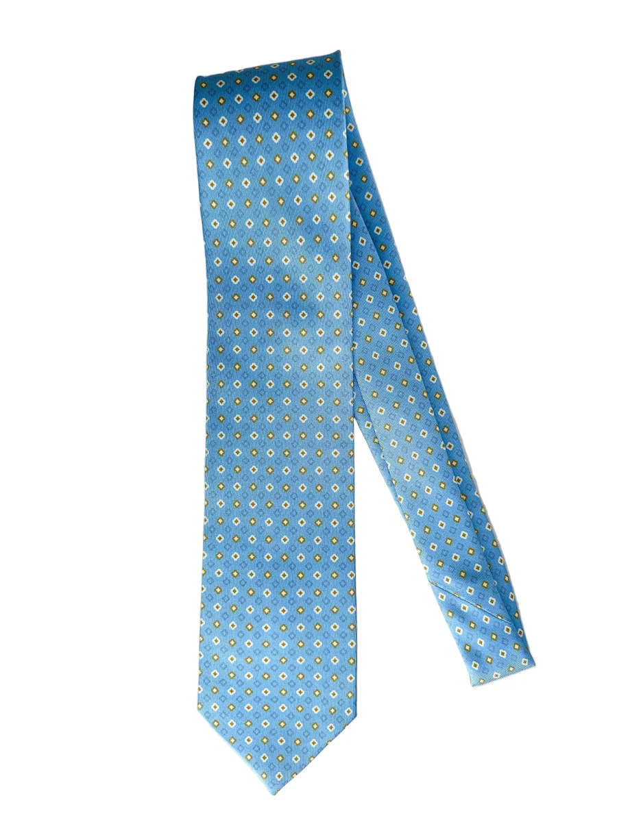 Drake's Light Blue Mustard Diamond Print Silk Tie - Imagen 3