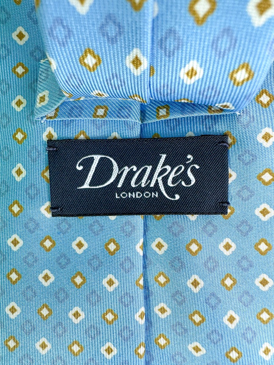 Drake's Light Blue Mustard Diamond Print Silk Tie - Imagen 6