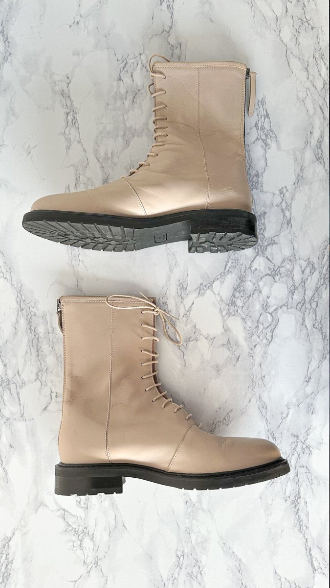 LEGRES Beige Leather Lace-Up Combat Boots - Imagen 2