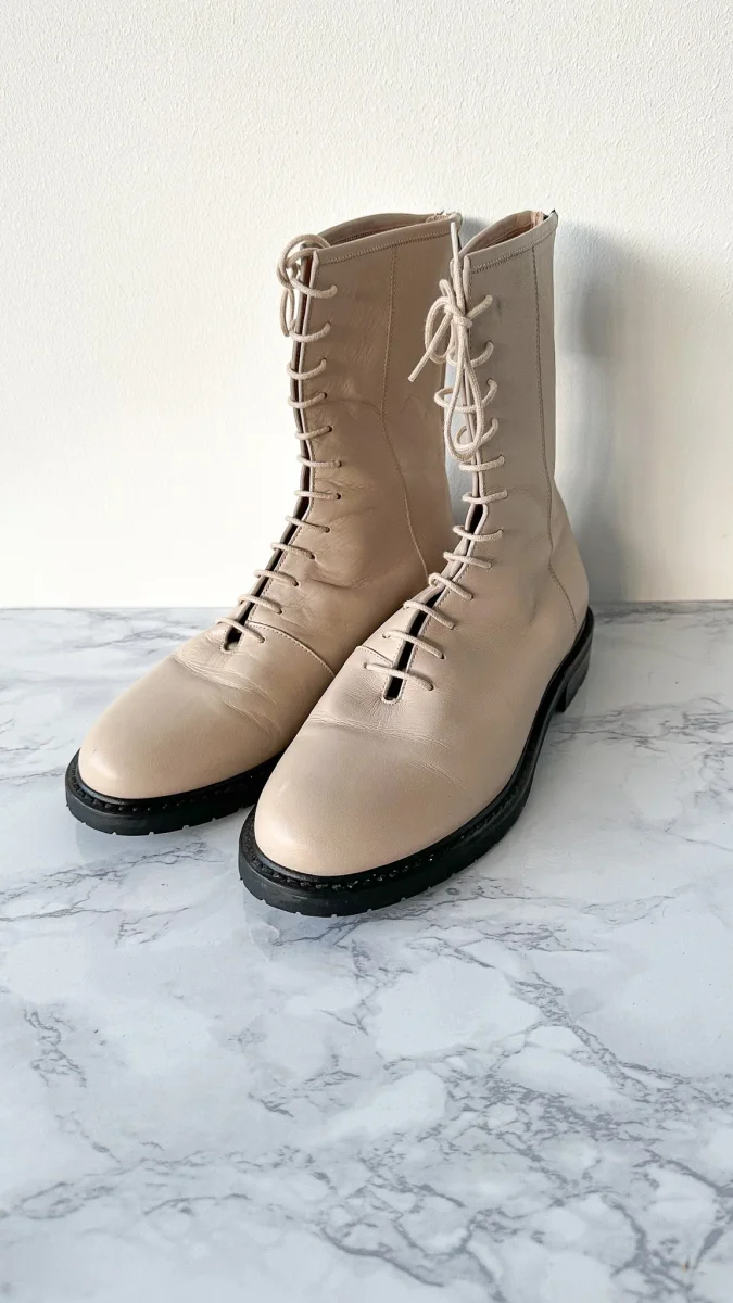 LEGRES Beige Leather Lace-Up Combat Boots - Imagen 4