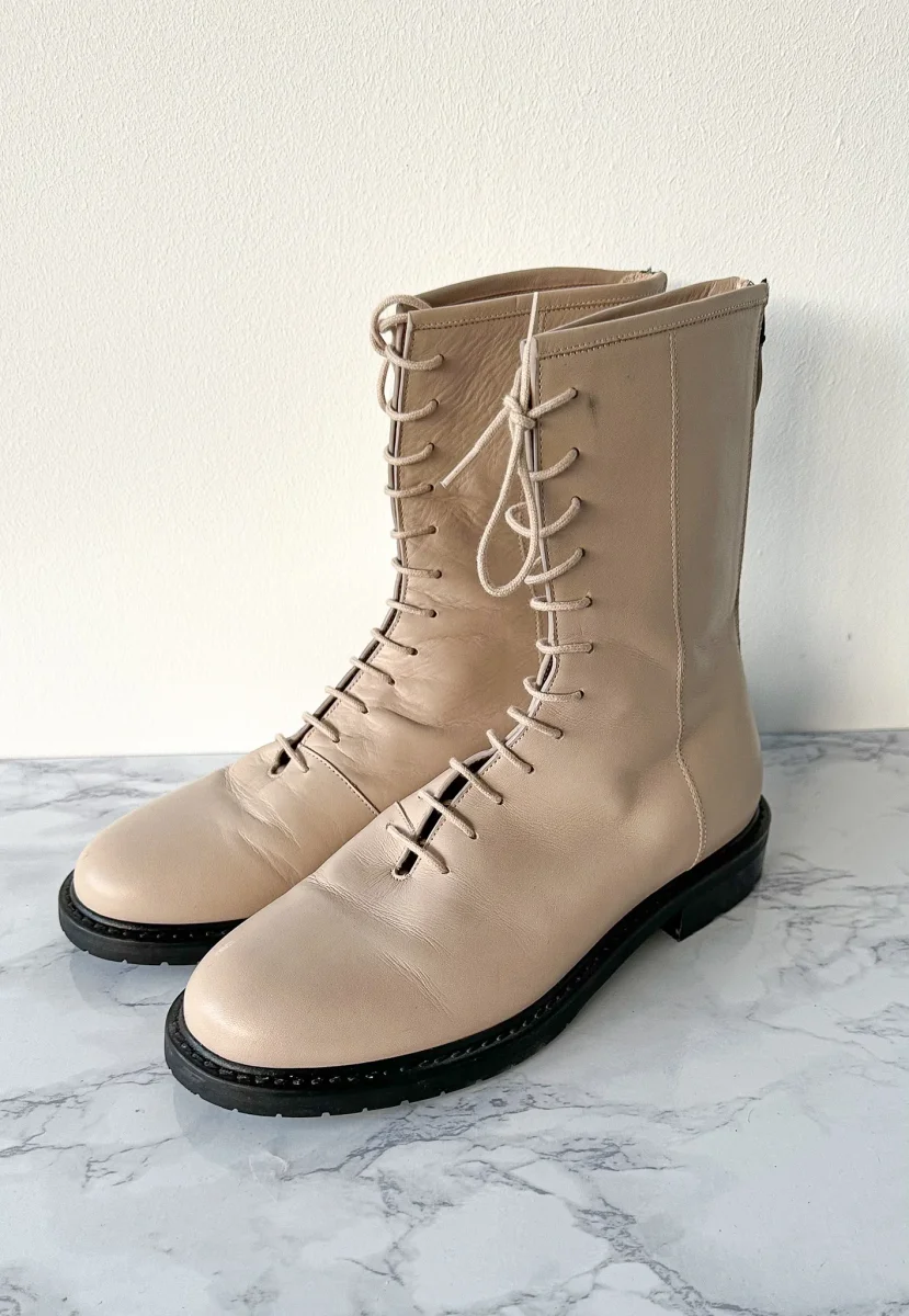LEGRES Beige Leather Lace-Up Combat Boots - Imagen 3