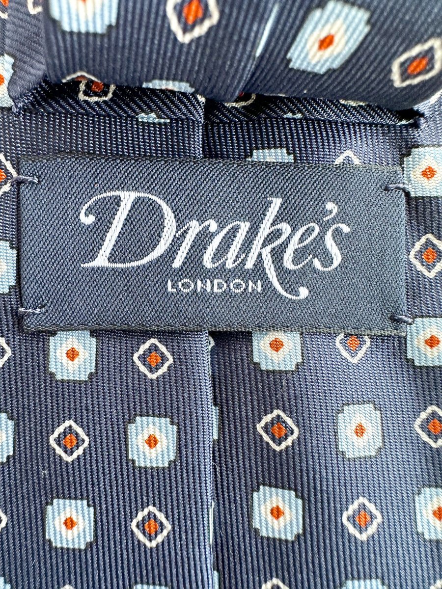 Drake's Navy Aztec Square Print Silk Tie - Imagen 7