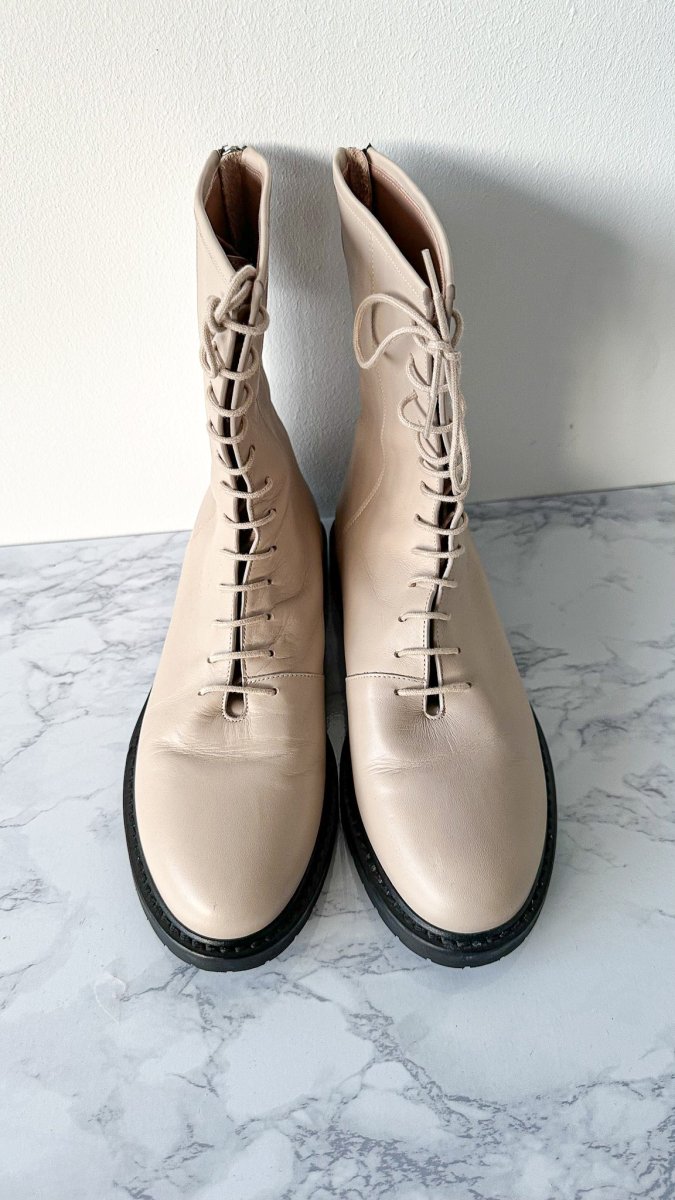 LEGRES Beige Leather Lace-Up Combat Boots - Imagen 6