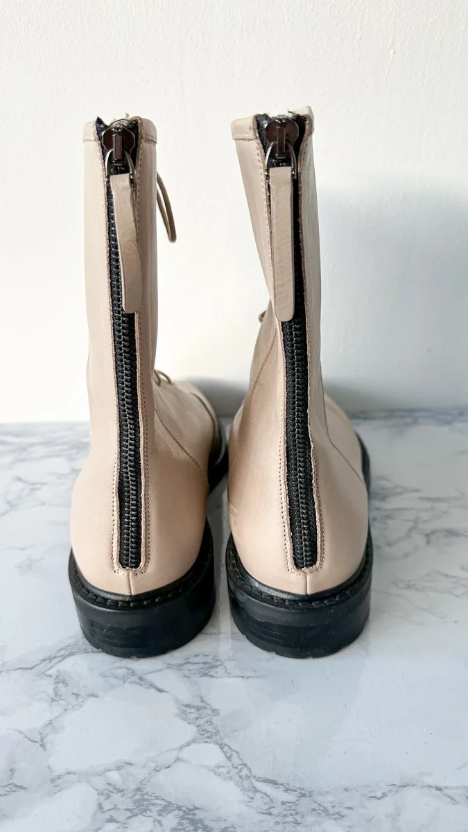 LEGRES Beige Leather Lace-Up Combat Boots - Imagen 7