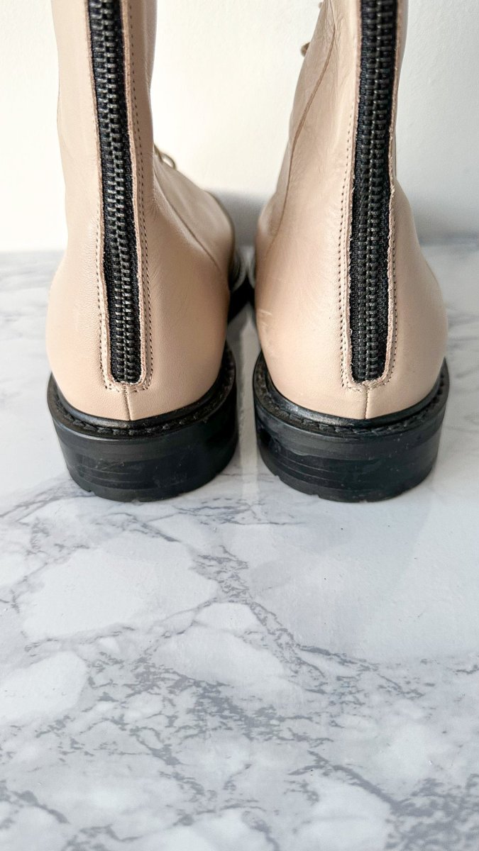 LEGRES Beige Leather Lace-Up Combat Boots - Imagen 8