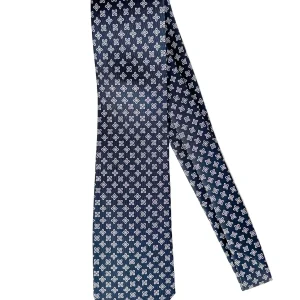 Drake's Navy Blue Silk Tie With Purple Floral Leafs