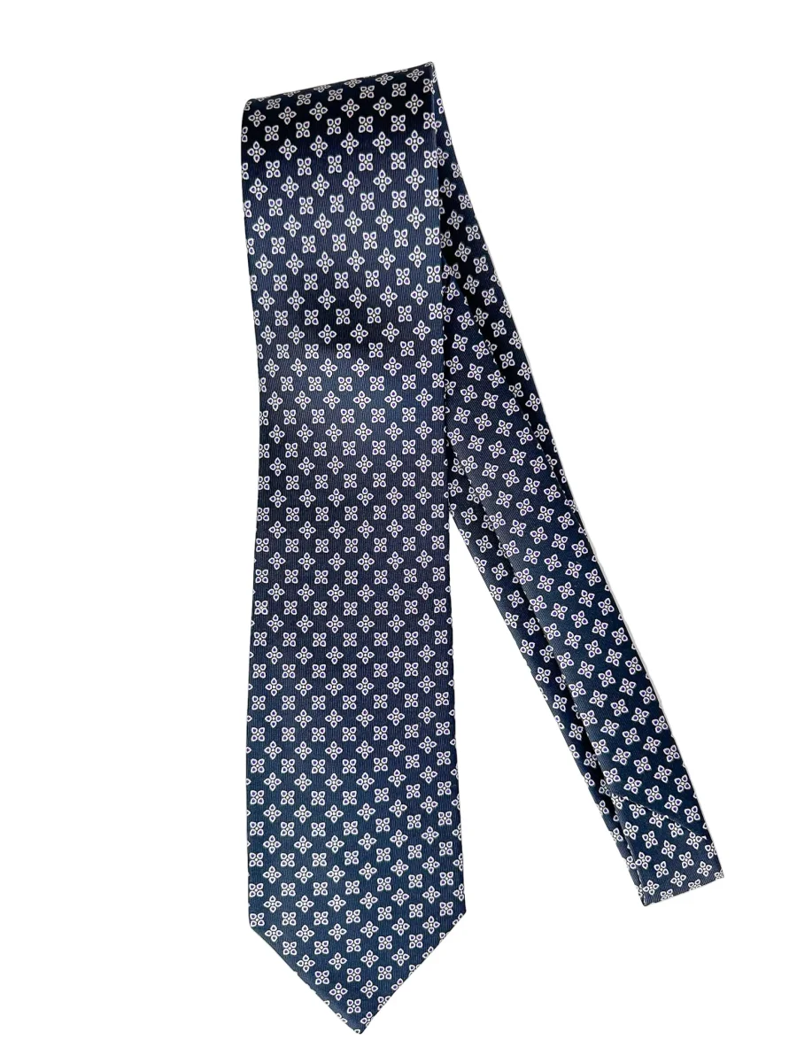Drake's Navy Blue Silk Tie With Purple Floral Leafs - Imagen 2