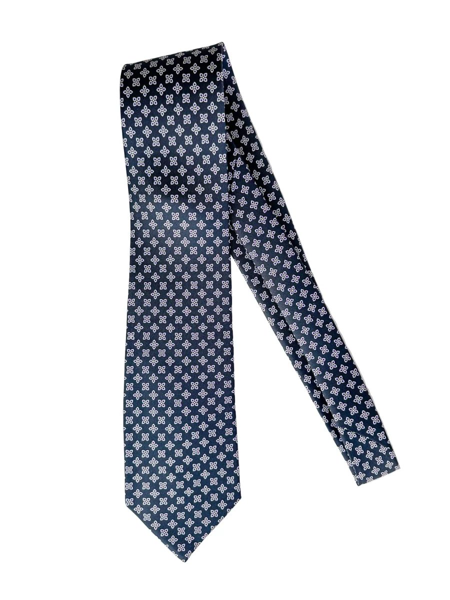 Drake's Navy Blue Silk Tie With Purple Floral Leafs - Imagen 3