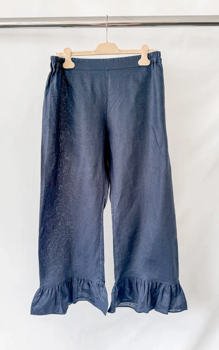 Sleeper Linen Ruffle Trim Navy Rumba Trousers - Imagen 3