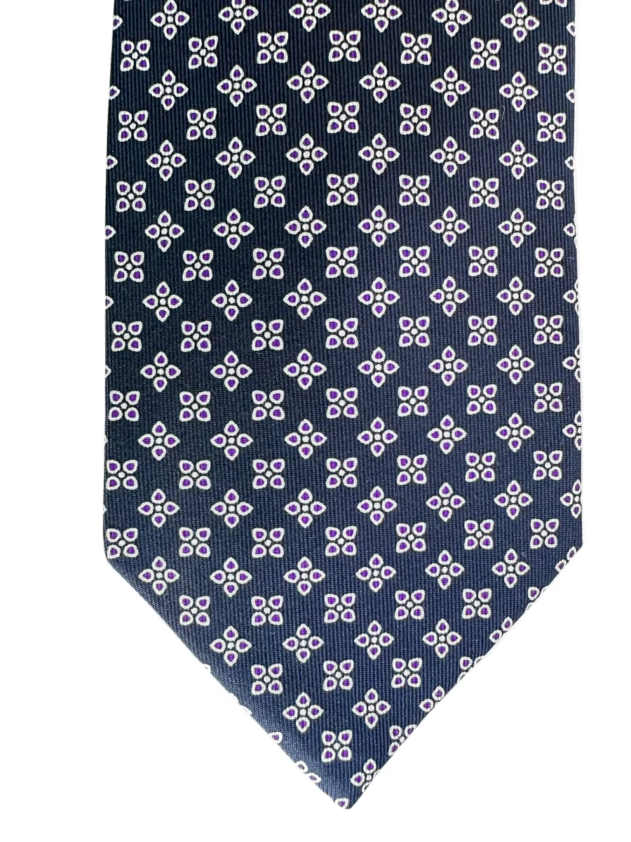 Drake's Navy Blue Silk Tie With Purple Floral Leafs - Imagen 4