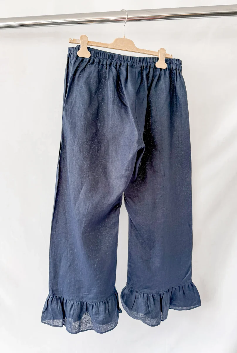 Sleeper Linen Ruffle Trim Navy Rumba Trousers - Imagen 5