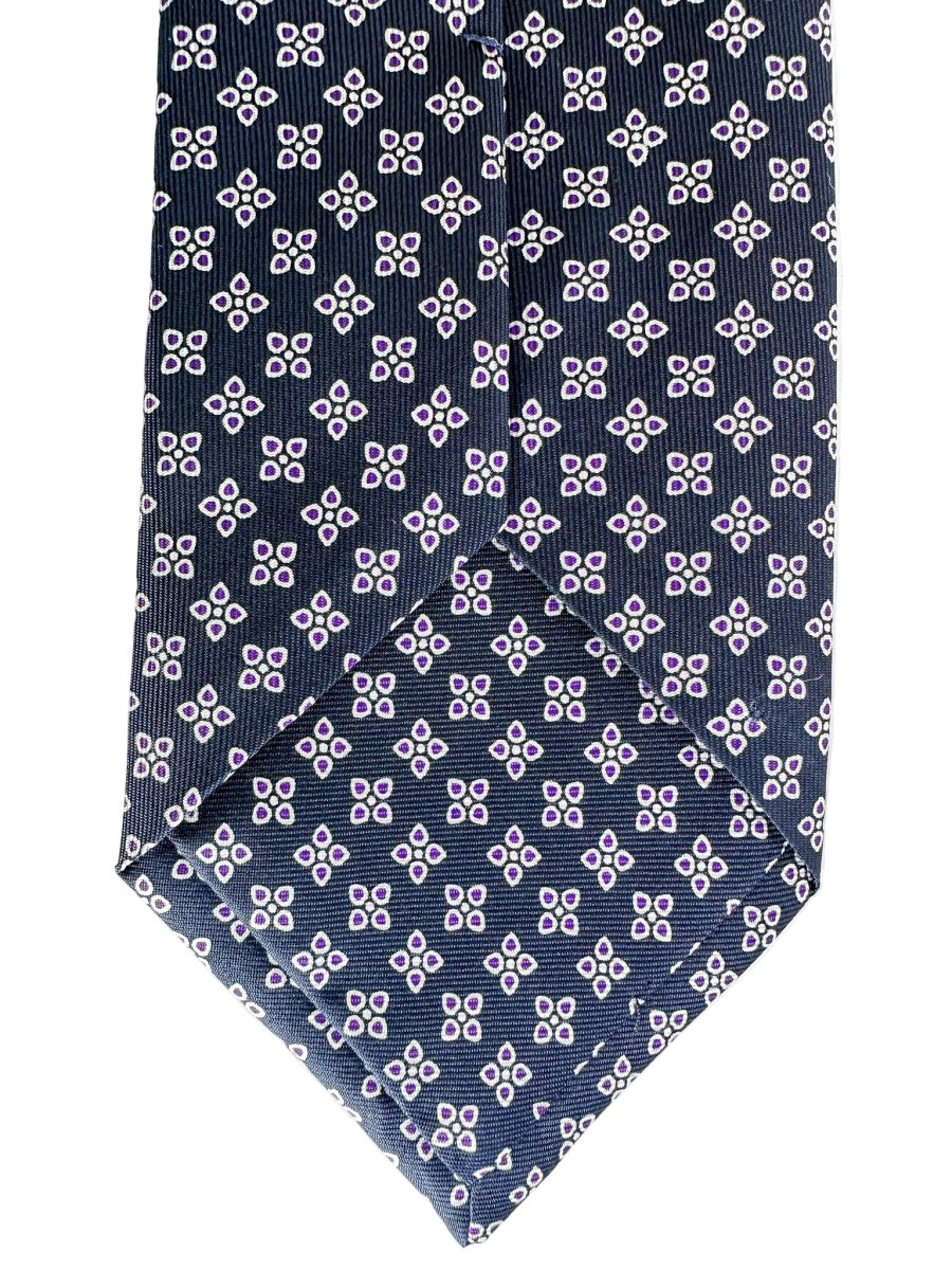 Drake's Navy Blue Silk Tie With Purple Floral Leafs - Imagen 5