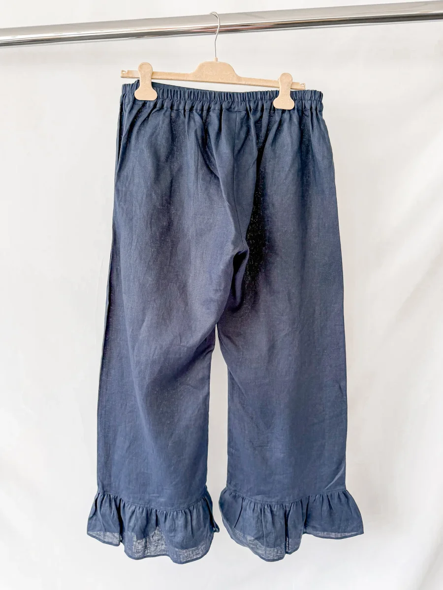 Sleeper Linen Ruffle Trim Navy Rumba Trousers - Imagen 6