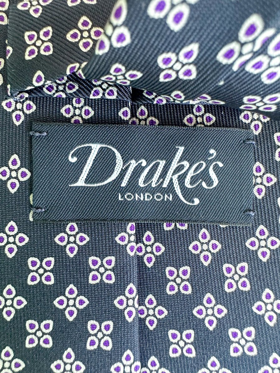 Drake's Navy Blue Silk Tie With Purple Floral Leafs - Imagen 6