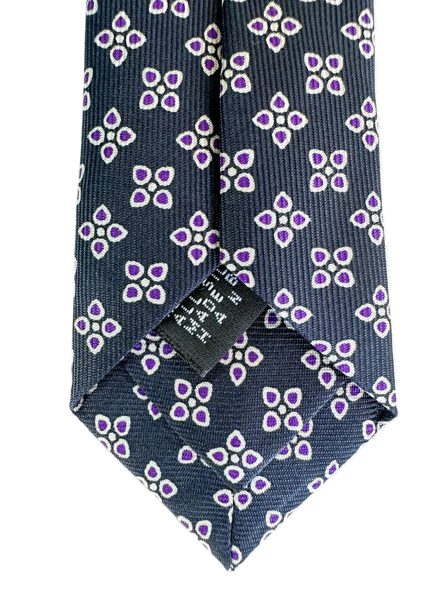 Drake's Navy Blue Silk Tie With Purple Floral Leafs - Imagen 7