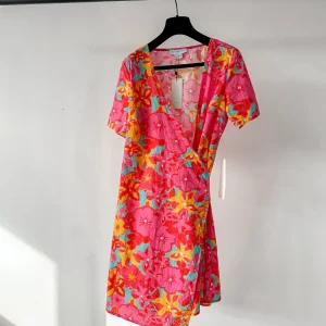 Never Fully Dressed Pink Tropical Floral Wrap Mini Dress