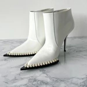 DOLCE & GABBANA White Pearl Embellished Pointed High Heel Booties (EU 35)