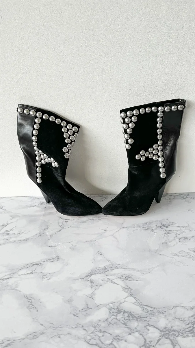 Isabel Marant Layo Studded Cone Heel Suede Black Calf Boots (EU 36) - Imagen 9