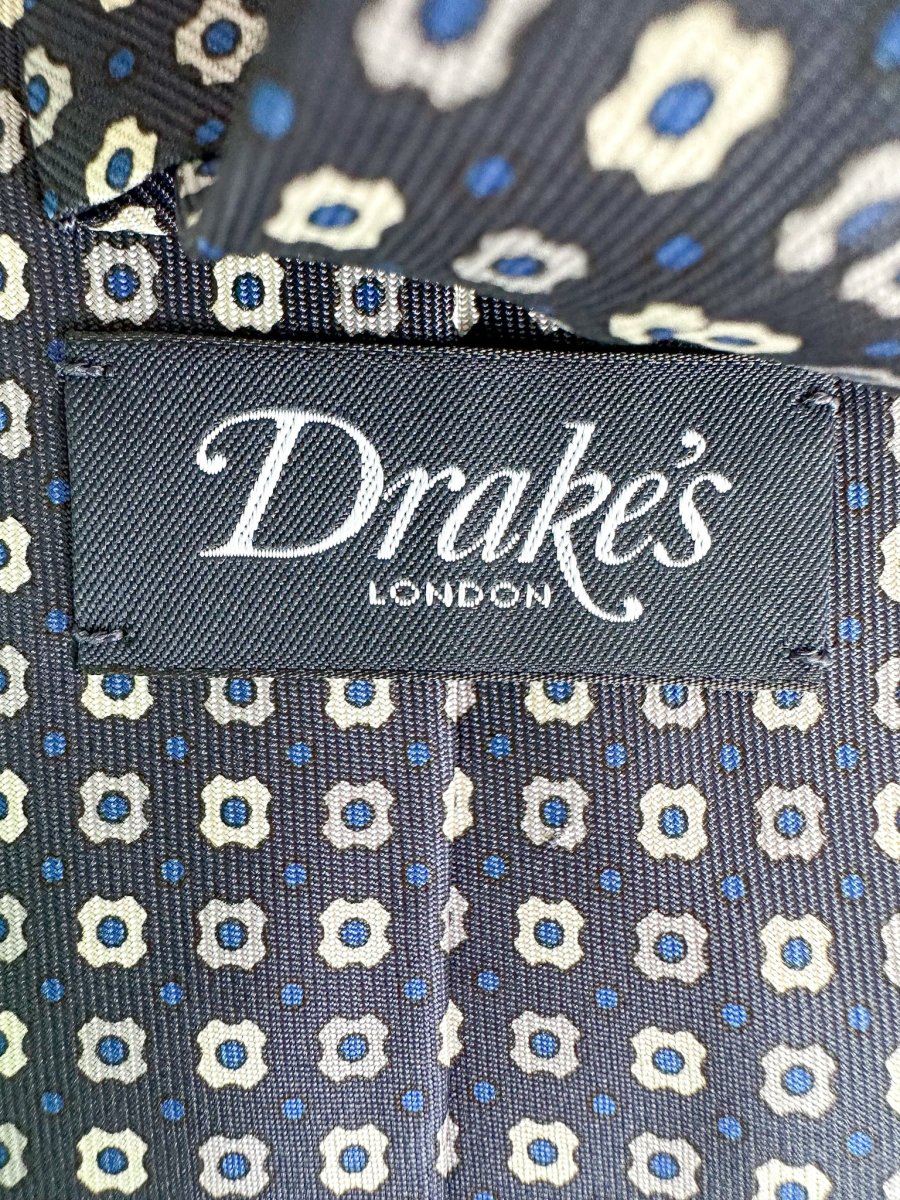 Drake's Navy Floral Silk Tie With Ecru Floral - Imagen 6