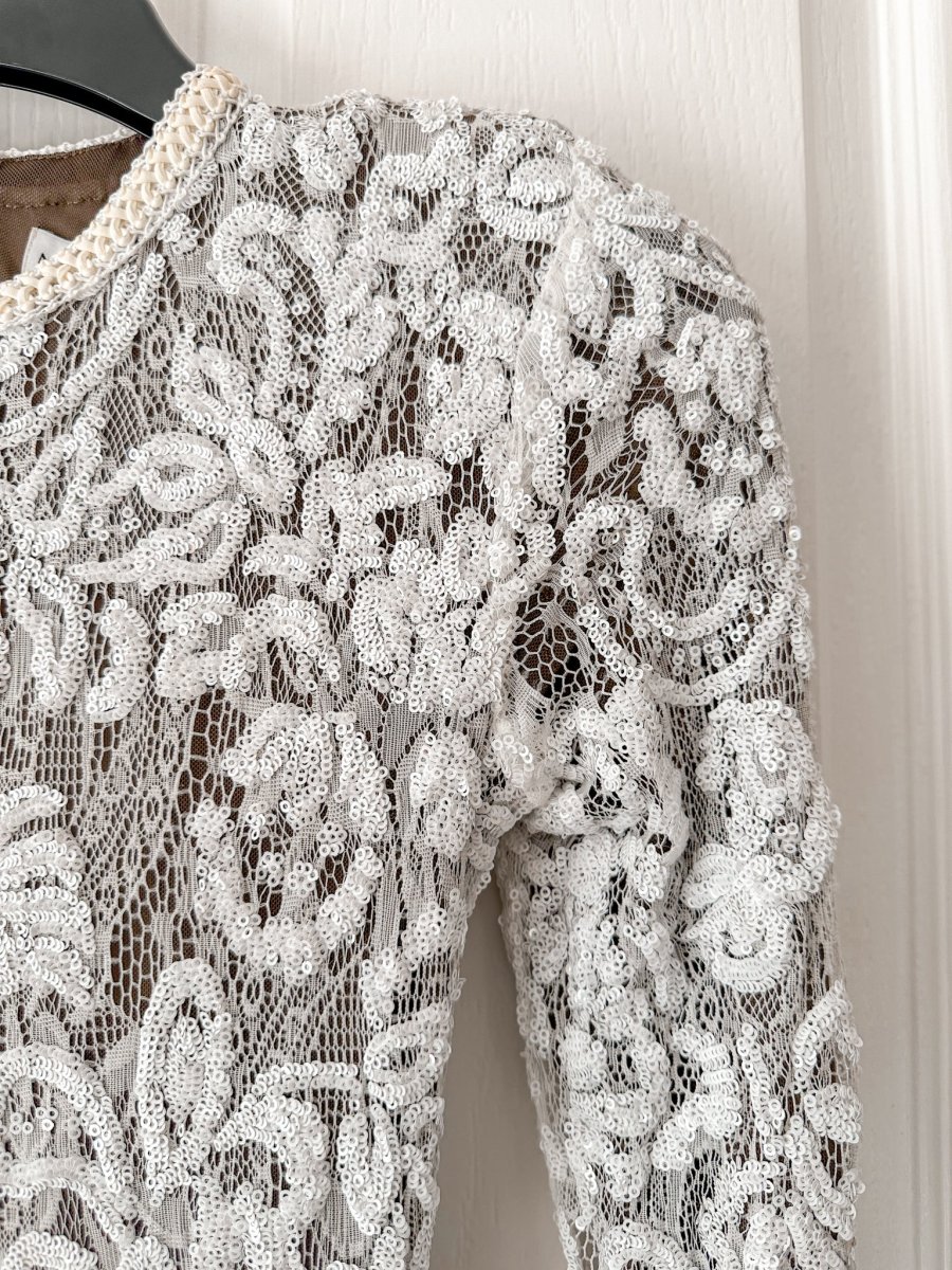 Nadine Merabi White Bella Dark Nude Lace Sequinned Long Sleeve Jumpsuit - Imagen 9