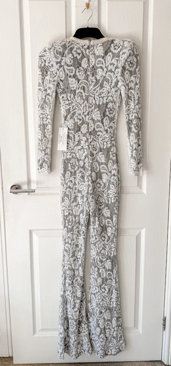 Nadine Merabi White Bella Dark Nude Lace Sequinned Long Sleeve Jumpsuit - Imagen 3