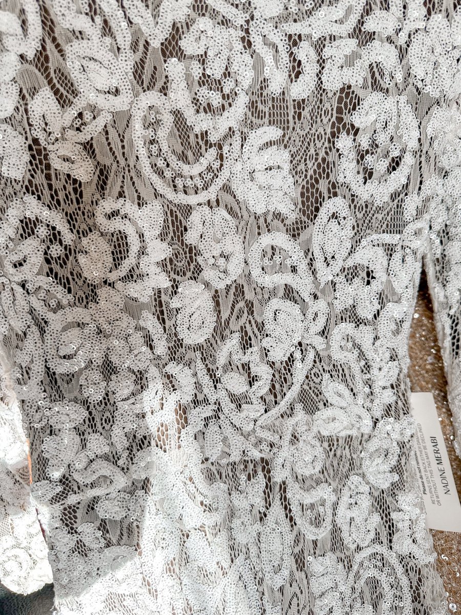 Nadine Merabi White Bella Dark Nude Lace Sequinned Long Sleeve Jumpsuit - Imagen 6