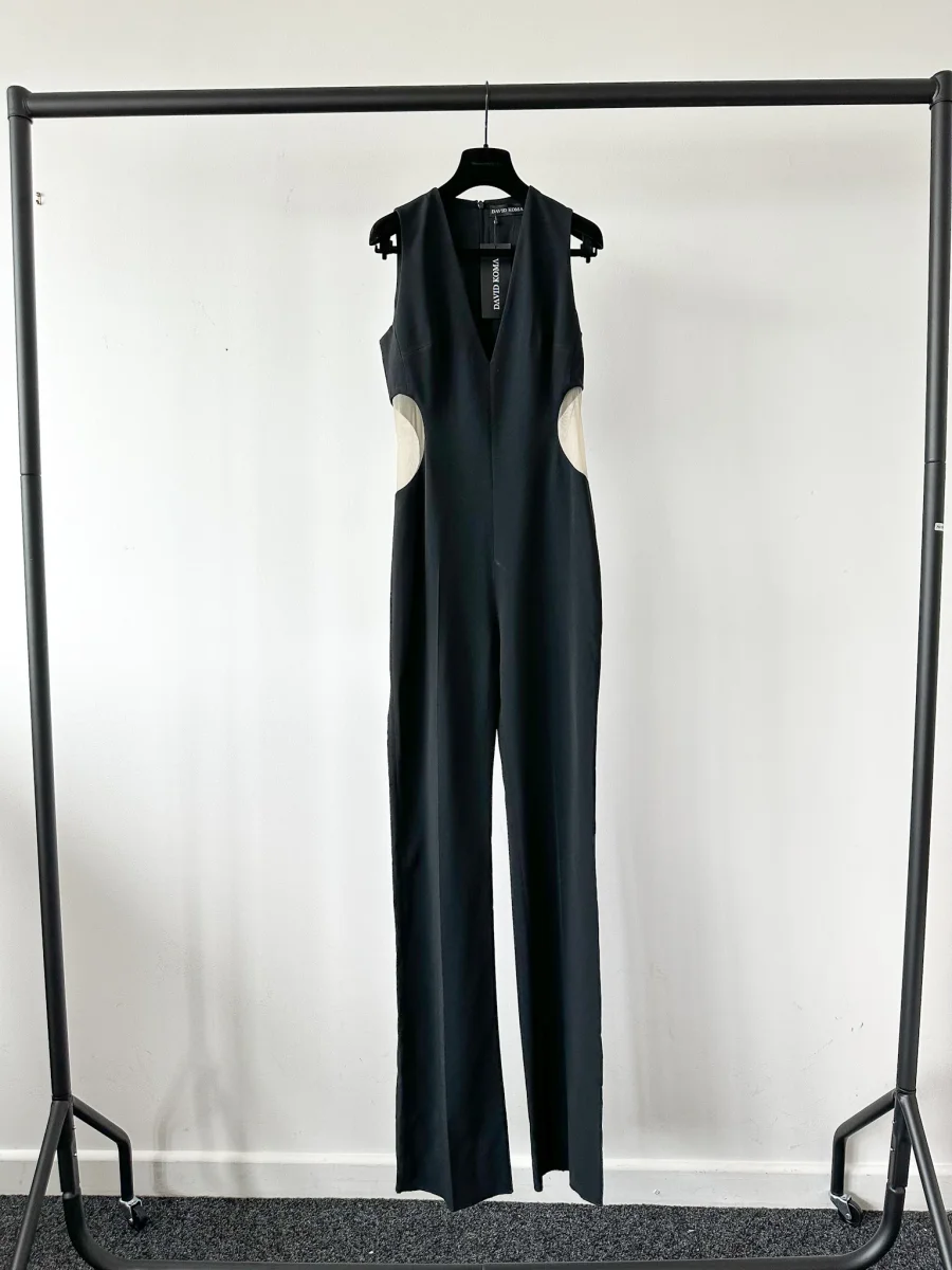 David Koma Black Cut-Out Mesh Sides V-Neck Jumpsuit