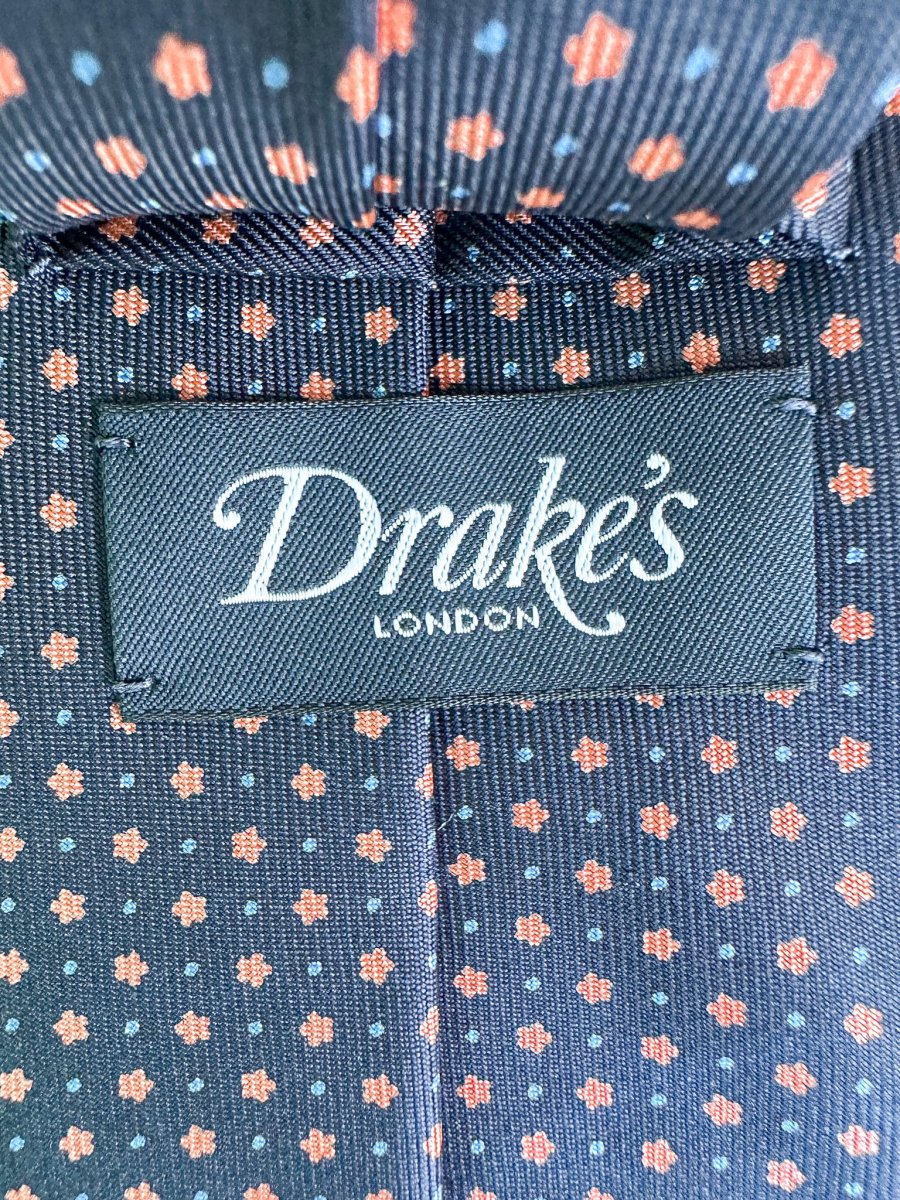 Drake's Navy Silk Tie With Orange Dot Floral - Imagen 5