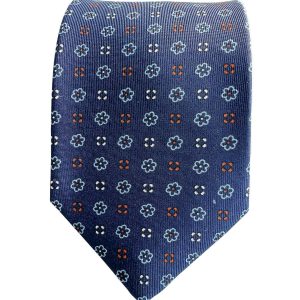 Drake's Navy Silk Tie With Blue Stencil Floral Design