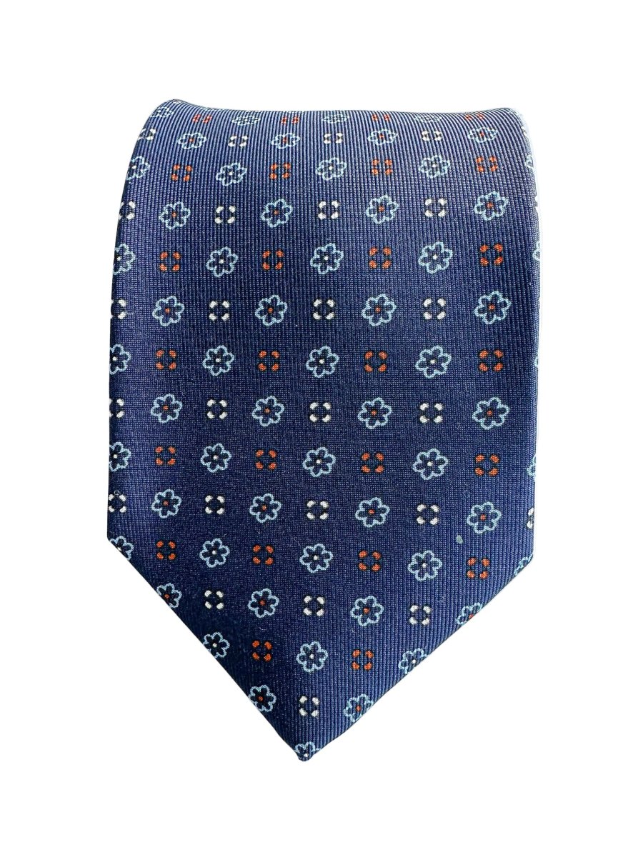 Drake's Navy Silk Tie With Blue Stencil Floral Design - Imagen 2