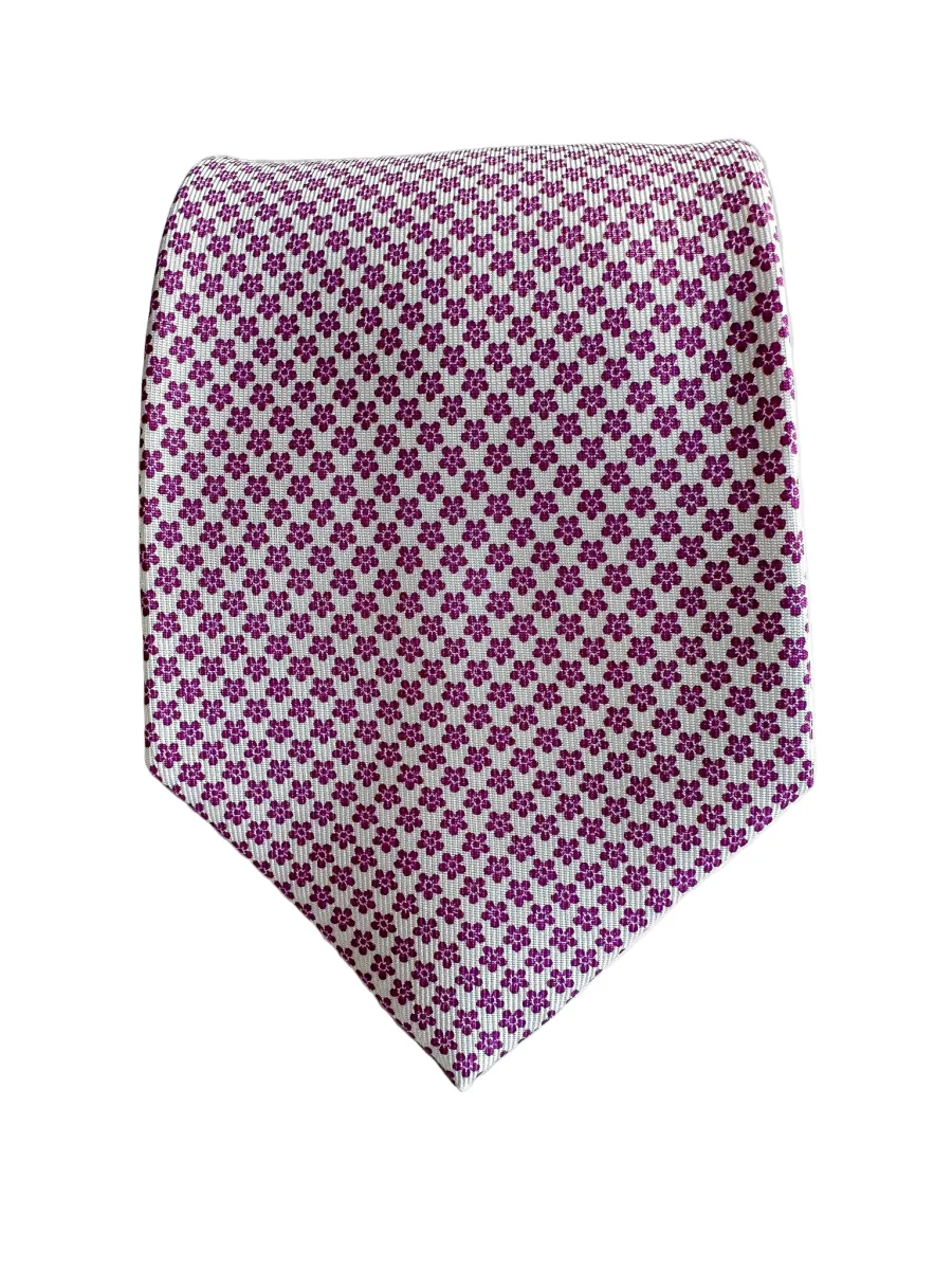 Drake's White Silk Tie With Fuchsia Pink Floral - Imagen 5