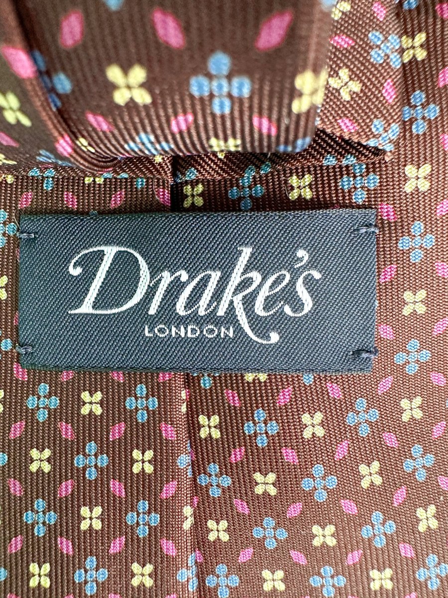 Drake's Brown Silk Tie With Blue & Yellow Floral - Imagen 5