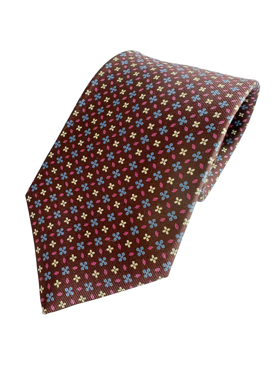 Drake's Brown Silk Tie With Blue & Yellow Floral - Imagen 2